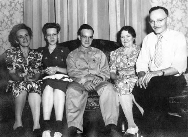 Nan, Lois, Bill, Ma Miller and Pop Pop, the family in August 1944