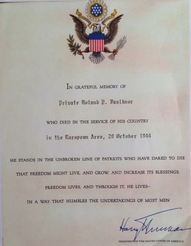 In Memory letter Harry S. Truman