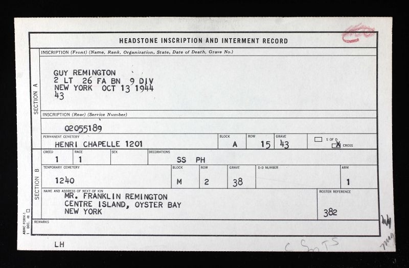 Interment Record Guy Remington Henri Chapelle