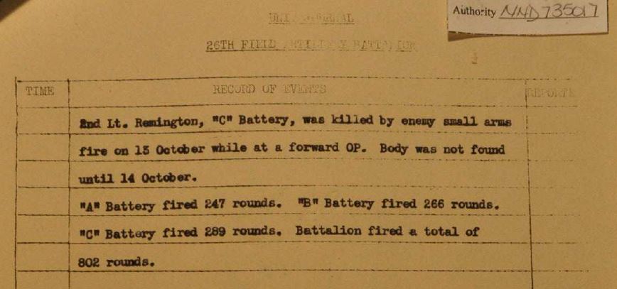 The Field Artillery S-3 Journal mentions his name in the October 14th, 1944 entry.
