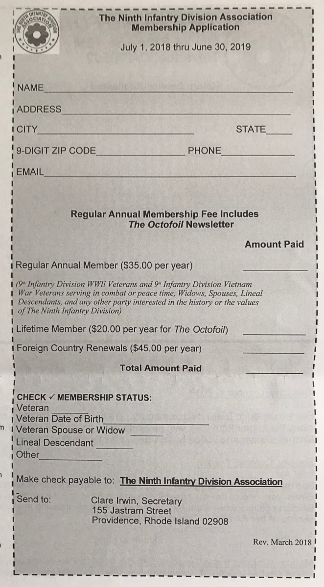 Membership Form Ninth Infantry Division Association