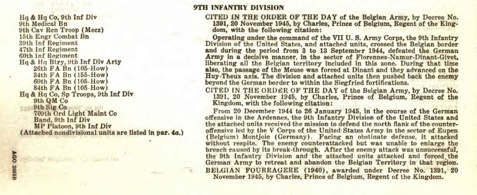9th Infantry Division Belgian Fourragère Citations.