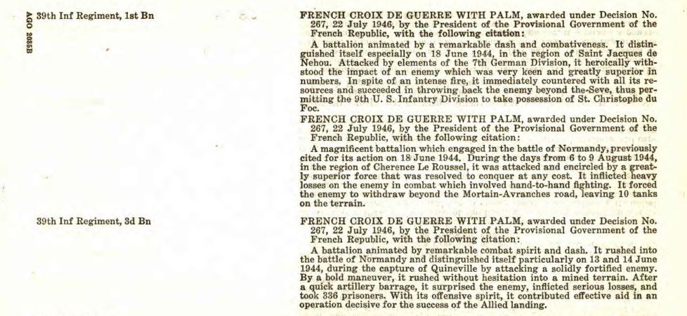 9th Infantry Division Croix de Guerre 39th IR