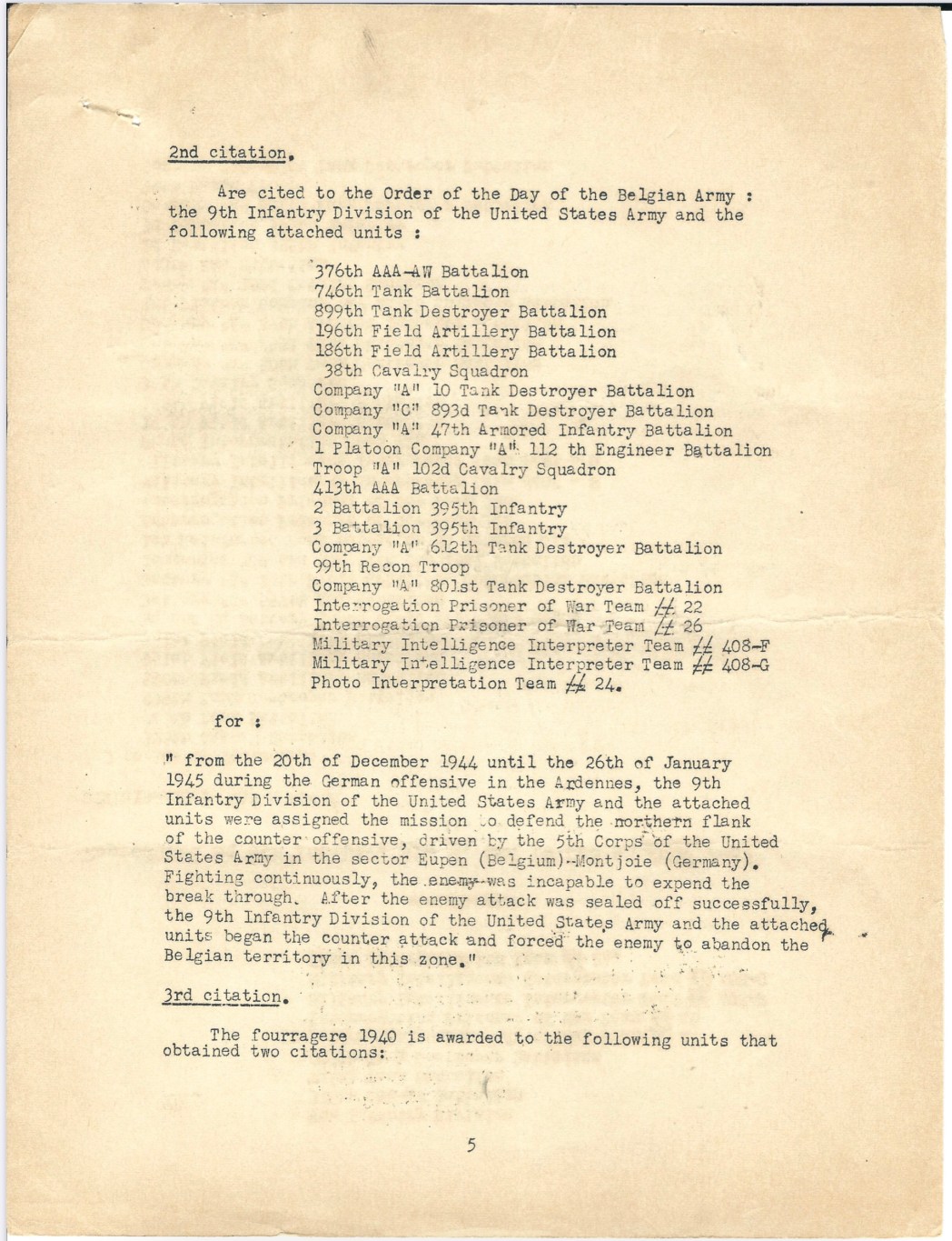Belgian Fourragère WWII document handed out to Lt. Colonel Robert H. Stumpf,