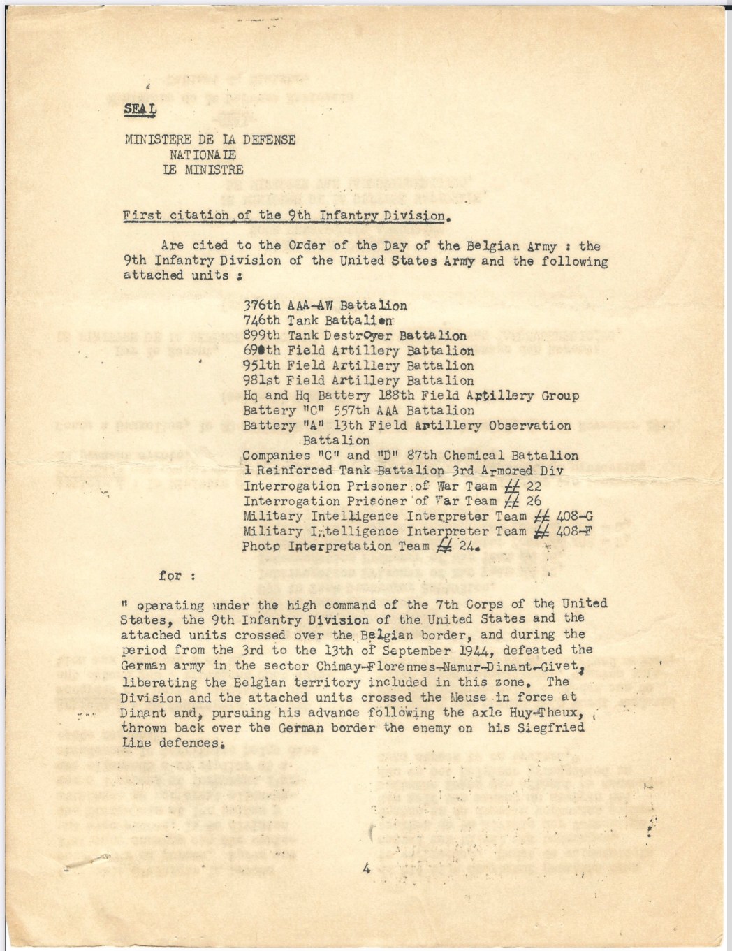 Belgian Fourragère WWII document handed out to Lt. Colonel Robert H. Stumpf,