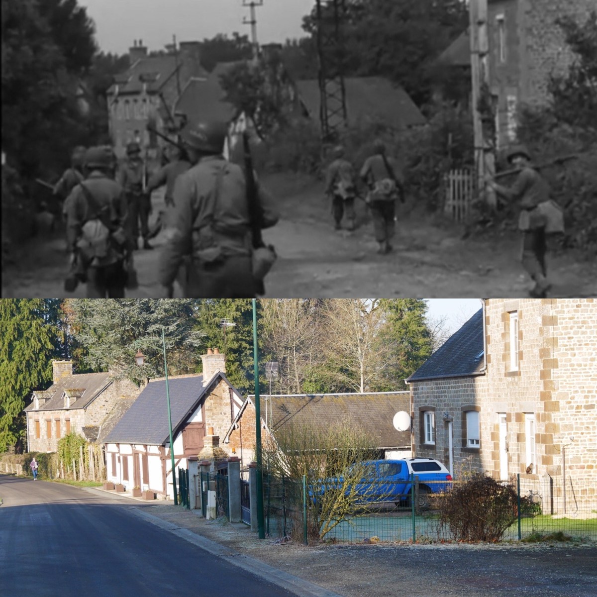 5. Men walking in a western direction on the Rue des Écoliers towards Lonlay-le-Tesson.