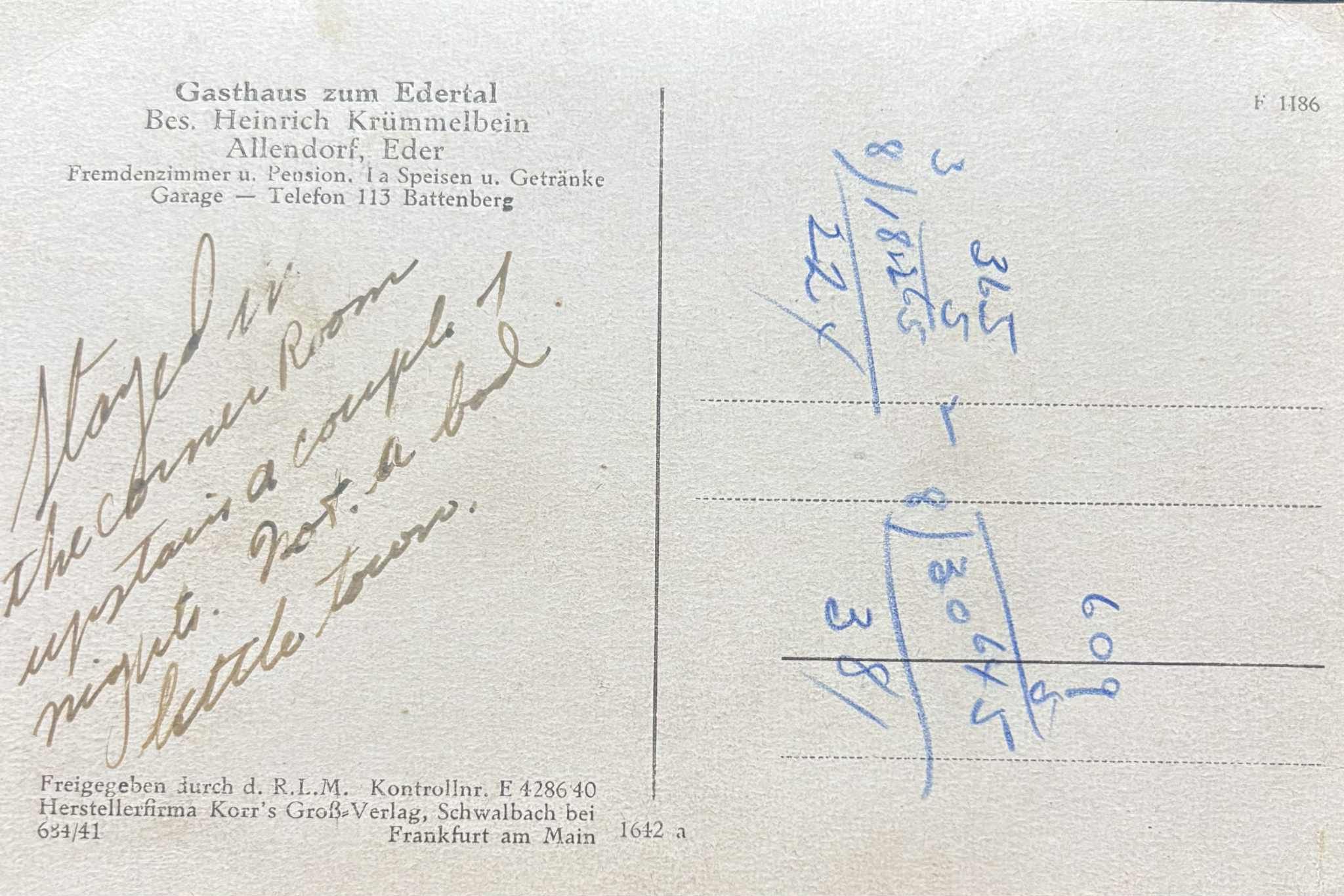 Bed and Breakfast Edertal postcard.